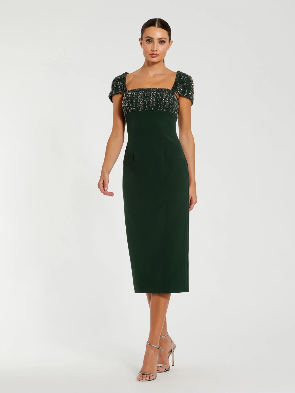 Mac Duggal 44080 Green Embellished Cap Sleeve Crepe Midi Dress Sz 4